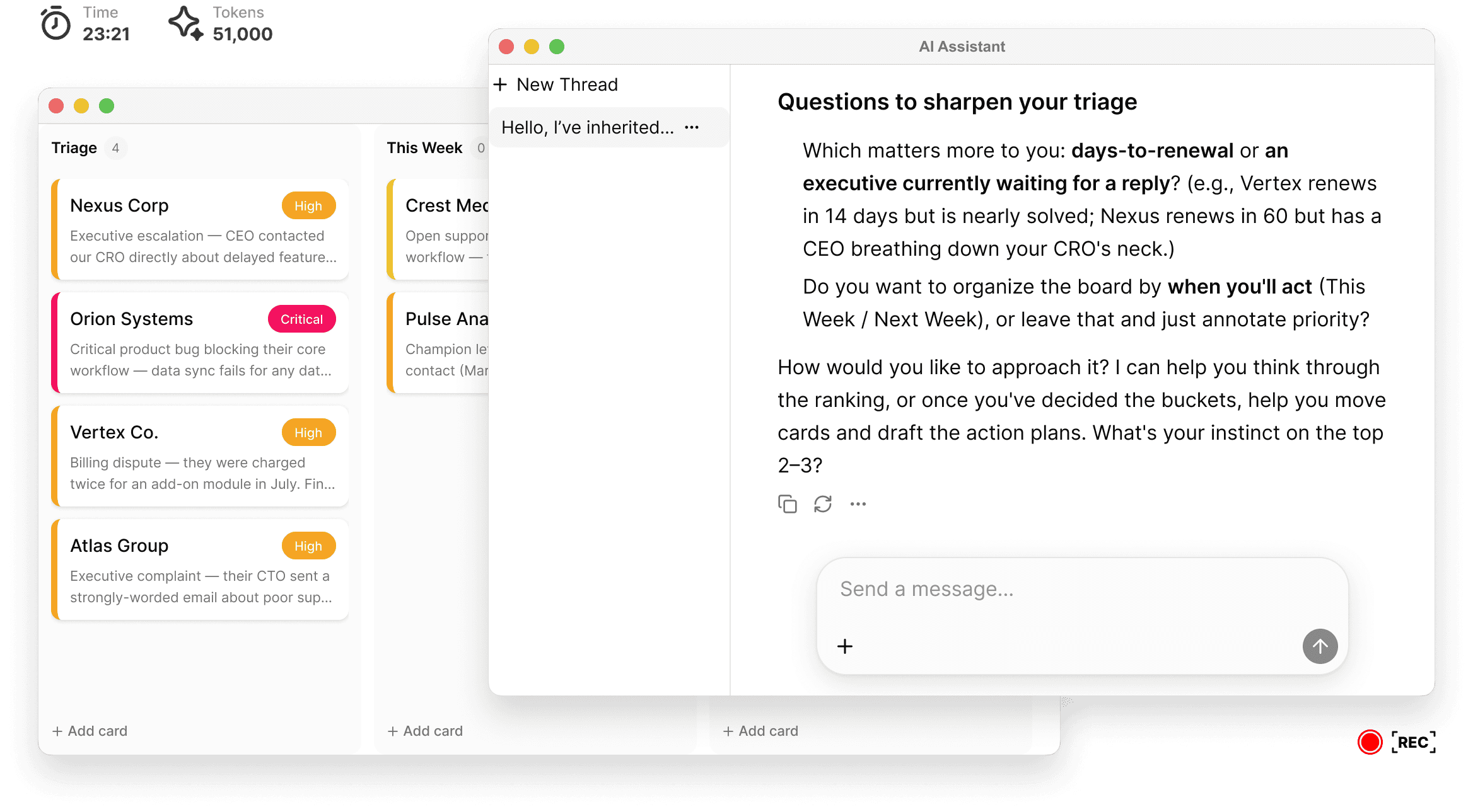 Floating workspace showing a kanban task board and an AI assistant chat panel